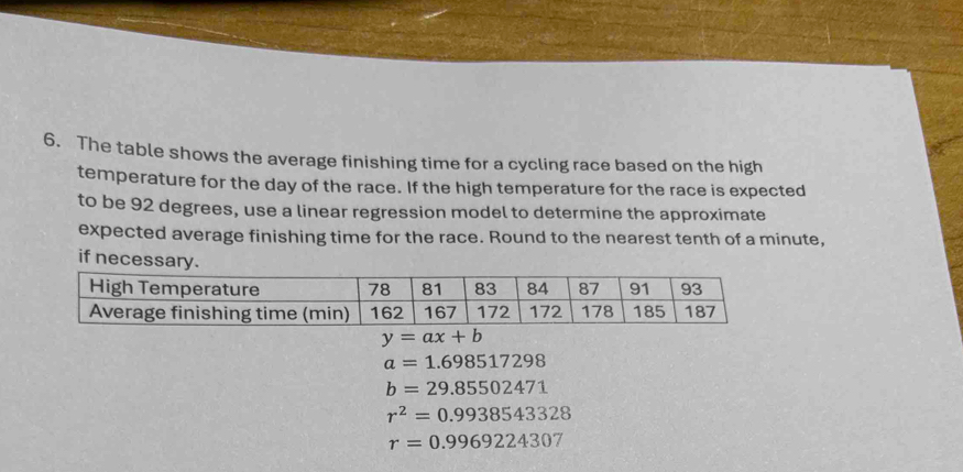 The table shows the average finishing time for a cycling race based on the high
temperature for the day of the race. If the high temperature for the race is expected
to be 92 degrees, use a linear regression model to determine the approximate
expected average finishing time for the race. Round to the nearest tenth of a minute,
if necessary.
y=ax+b
a=1.698517298
b=29.85502471
r^2=0.9938543328
r=0.9969224307