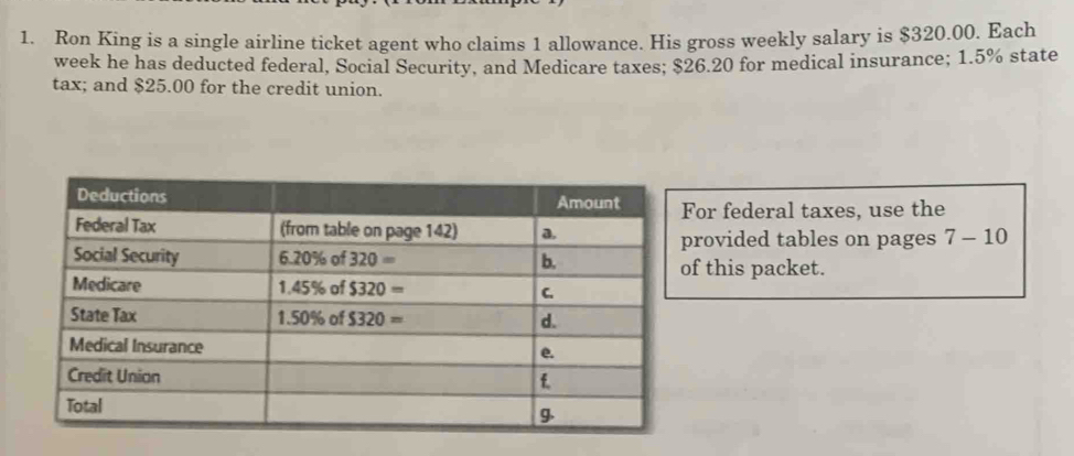 Ron King is a single airline ticket agent who claims 1 allowance. His gross weekly salary is $320.00. Each
week he has deducted federal, Social Security, and Medicare taxes; $26.20 for medical insurance; 1.5% state
tax; and $25.00 for the credit union.
or federal taxes, use the
rovided tables on pages 7-10
f this packet.