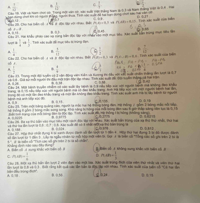 A.  7/12 .  1/12 .  1/7 . ) 1/2 ·
B.
C.
D
Câu 19. Việt và Nam chơi cờ. Trong một ván cờ, xác suất Việt tháng Nam là 0,3 và Nam tháng Việt là 0,4 . Hai
ban dừng chơi khi có người thắng, người thua. Tỉnh xác suất để hai ban dừng chơi sau hai vân cờ.
0,12 . 60,7 C. 0,9 . D. 0,21 .
Cầu 20. Cho hai biển cổ .4 và B độc lập với nhau. Biết P(A)=0.5 và P(AB)=0.15. Tính xác suất của biển
D. 0.65
cd A∪ B. B. 0,3 .
A. 0,15 . C. 0,45 .
Câu 21. Hai khẩu pháo cao xạ cùng bản độc lập với nhưu vào một mục tiêu. Xác suất bản trùng mục tiêu lần
lượt là  1/4  và  1/3 . Tính xác suất để mục tiêu bị trùng đạn.
A.  1/4 .  5/12 . C  1/2 .
B.
D.  7/12 -
Câu 22. Cho hai biến cố A và B độc lập với nhau. Biết P(B)=0,=0 và P(A∪ B)=0.6. Tính xác suất của biển
co.4 .
A.  1/2   4/9   3/7 
B.
Câu 23. Trong một đội tuyển có 2 vận động viên Kiển và Xương thi đầu với xác suất chiến thắng lần lượt là 0,7
và 0,6 . Giả sử mỗi người thi đấu một trận độc lập nhau. Tỉnh xác suất để: Đội tuyển thắng cả hai trận
A. 0,26 . B. 0,38 . C. 0.88 . D. 0.42
Câu 24. Một bệnh truyền nhiễm có xác suất lây bệnh là 0,9 nếu tiếp xúc với người bệnh mà không đeo khẩu
trang: là 0,15 nếu tiếp xúc với người bệnh mà có đeo khẩu trang. Anh Hà tiếp xúc với một người bệnh hai lần,
trong đó có một lần đeo khẩu trang và một lần không đeo khẩu trang. Tính xác suất anh Hà bị lây bệnh từ người
bệnh mà anh tiếp xúc đó.
A. 0,9 . B. 0,15 . C. 0,135 . D. 0,19
Câu 25. Trên một bảng quáng cáo, người ta mắc hai hệ thống bóng đèn. Hệ thống / gồm 2 bóng mắc nổi tiếp,
hệ thống II gồm 2 bóng mắc song song. Khả năng bị hóng của mỗi bóng đèn sau 6 giờ tháp sáng liên tục là 0,15
Biết tình trạng của mỗi bóng đèn là độc lập. Tính xác suất để: Hệ thống I bị hồng (không sáng).
A. 0,0225 B. 0,9775 C. 0.2775 D. 0,6215
Câu 26. Ba xạ thủ bản vào mục tiêu một cách độc lập với nhau. Xác suất bản trùng của xạ thủ thứ nhất, thứ hai
và thứ ba lần lượt là 0,6 ; 0,7 ; 0,8. Xác suất để có ít nhất một xạ thủ bản trùng là
A. 0,188 . B. 0,024 . C. 0,976 D. 0,812 .
Câu 27. Hộp thứ nhất đựng 4 bi xanh được đánh số lần lượt từ 1 đến 4 . Hộp thứ hai đựng 3 bi đỏ được đánh
số lần lượt từ 1 đến 3 . Láy ra ngẫu nhiên từ mỗi hộp một viên bì. Gọi .4 là biên cổ "Tổng các số ghi trên 2 bị là
5 '''. B là biển cổ ''Tích các số ghi trên 2 bi là số chẵn''.
Khẳng định nào sau đây đúng?
A. Biến cổ / xung khắc với biến cổ B B./Biến cổ A không xung khắc với biến cổ B
D.
C. P(AB)= 1/6  P(AB)= 1/3 
Câu 28. Một xa thủ bản lần lượt 2 viên đạn vào một bia. Xác suất trúng đích của viên thứ nhất và viên thứ hai
lằn lượt là 0,8 và 0,3 . Biết rằng kết quả các lần bản là độc lập với nhau. Tinh xác suất của biển cổ "Cá hai tần
bắn đều trúng đích.
A. 0,18 . B. 0,56 . g. 0,24 . D. 0,15