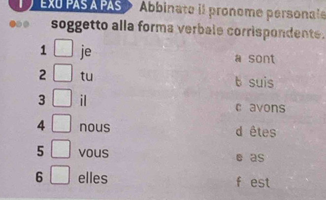 EXO PAS A PAS Abbinato il pronome personale 
soggetto alla forma verbale corrispondente. 
1 je sont 
2 tu 
t suis 
3 il 
c avons 
4 nous d êtes 
5 vous 
e as 
6 elles f est