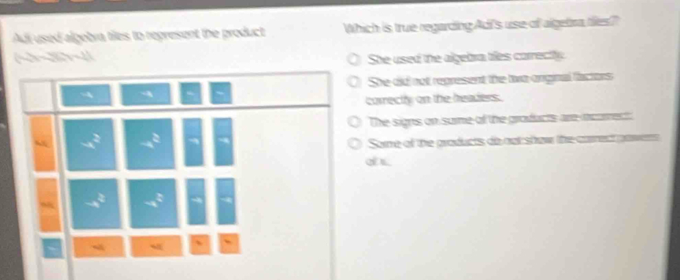 Adi used algobra tiles to represent the product Which is true regarding Adi's use of algebra ties?
(-3-5)(-1] She used the algebra ties correctly
She did not represent the two orginal factors
correctly on the headers.
The signs on some of the grofucts are incorrect:
Some of the products do not show the cirect pawan
of