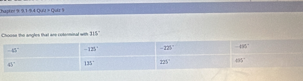 hapter 9:9.1-9.4 Quiz > Quiz 9
Choose the angles that are coterminal with 315°