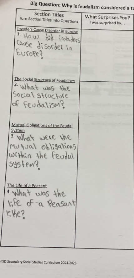 Big Question: Why is feudalism considered a tu 
SectiYou? 
y... 
M 
S 
3 
The 
4. 
HISD Seco