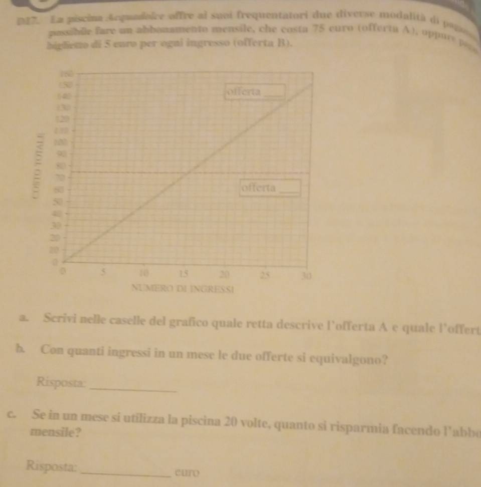 D17. La piscina Acquadoice offre al suoi frequentatori due diverse modalità di pap 
possibile fare un abbonamento mensile, che costa 75 euro (offertu A), opput 
higliemo di 5 enro per ogni ingresso (offerta B). 
a. Scrivi nelle caselle del grafico quale retta descrive l’offerta A e quale l’offert 
b. Con quanti ingressi in un mese le due offerte si equivalgono? 
Risposta:_ 
c. Se in un mese si utilizza la piscina 20 volte, quanto si risparmia facendo l’abbo 
mensile? 
Risposta: _curo