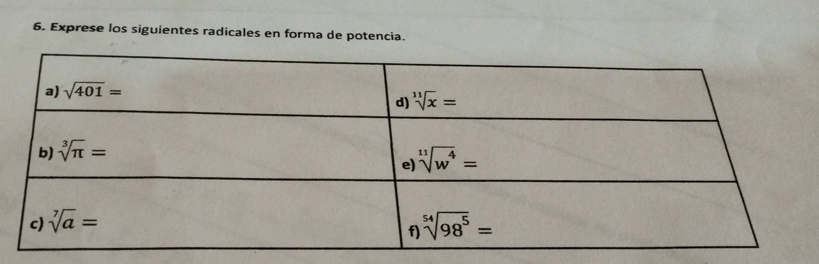 Exprese los siguientes radicales en forma de potencia.