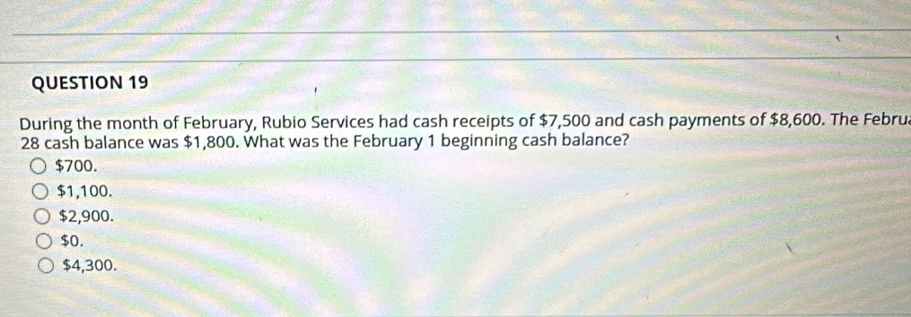 During the month of February, Rubio Services had cash receipts of $7,500 and cash payments of $8,600. The Febru
28 cash balance was $1,800. What was the February 1 beginning cash balance?
$700.
$1,100.
$2,900.
$0.
$4,300.