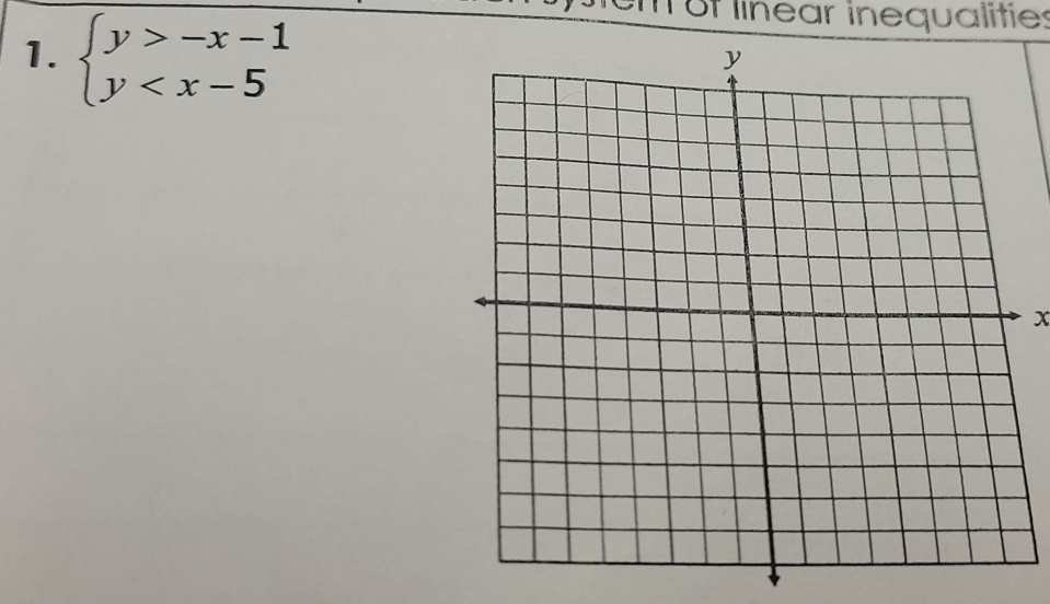 beginarrayl y>-x-1 y
of linear inequalities
x