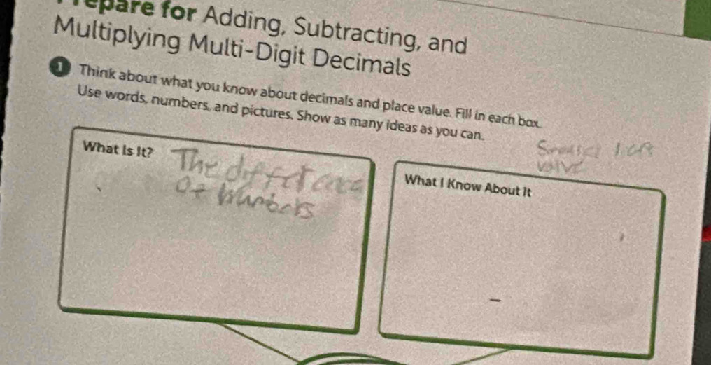 Tepare for Adding, Subtracting, and 
Multiplying Multi-Digit Decimals 
Think about what you know about decimals and place value. Fill in each box 
Use words, numbers, and pictures. Show as many ideas as you can. 
What Is It? What I Know About It