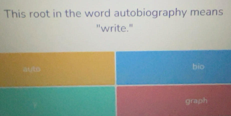 Solved: This root in the word autobiography means 