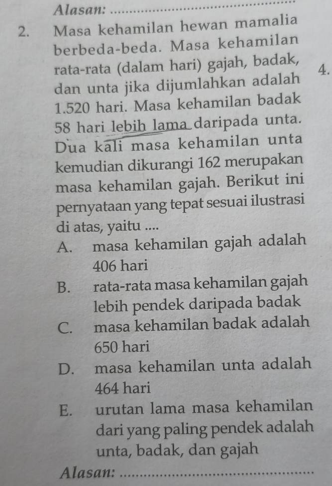 Alasan:
_
2. Masa kehamilan hewan mamalia
berbeda-beda. Masa kehamilan
rata-rata (dalam hari) gajah, badak,
dan unta jika dijumlahkan adalah 4.
1.520 hari. Masa kehamilan badak
58 hari lebih lama daripada unta.
Dua kali masa kehamilan unta
kemudian dikurangi 162 merupakan
masa kehamilan gajah. Berikut ini
pernyataan yang tepat sesuai ilustrasi
di atas, yaitu ....
A. masa kehamilan gajah adalah
406 hari
B. rata-rata masa kehamilan gajah
lebih pendek daripada badak
C. masa kehamilan badak adalah
650 hari
D. masa kehamilan unta adalah
464 hari
E. urutan lama masa kehamilan
dari yang paling pendek adalah
unta, badak, dan gajah
Alasan:_