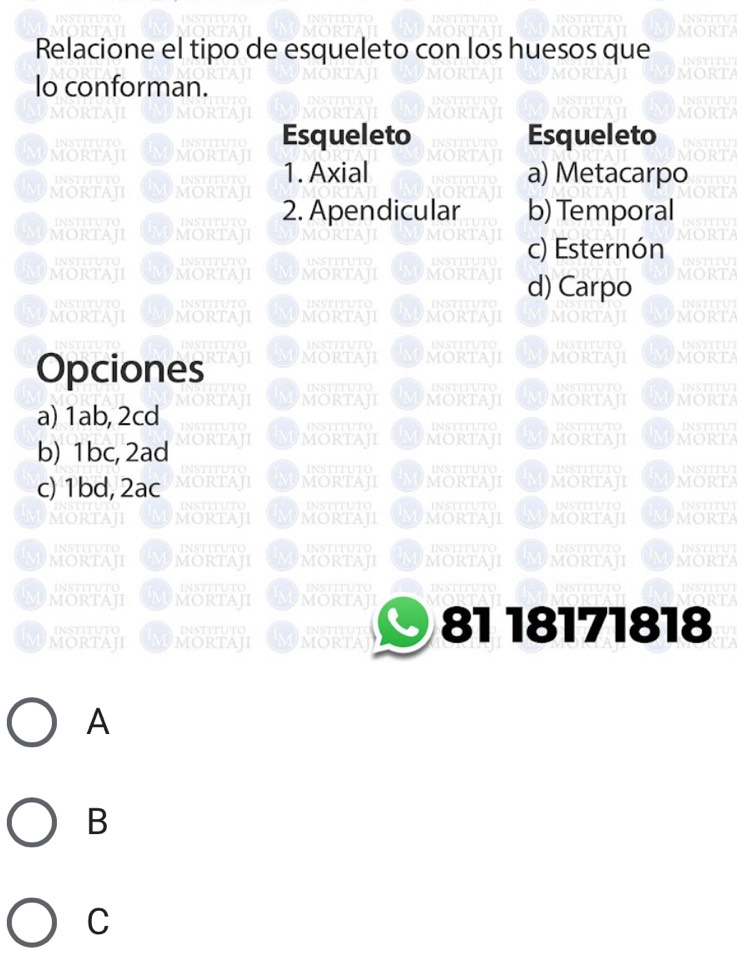 Relacione el tipo de esqueleto con los huesos que
Io conforman.
Esqueleto Esqueleto
1. Axial a) Metacarpo
2. Apendicular b) Temporal
c) Esternón
d) Carpo
Opciones
a) 1ab, 2cd
b) 1bc, 2ad
RTAJI
InsTiTUto
c) 1bd, 2ac
MOR IAT
i s t t t 
MORTAJI
INSEC
MORTAJ MORTAJI
TItuto instituto rTuT
RTAJ
MORTAJI MORTAJI RTA 81 18171818
N t instituto
A
B
C