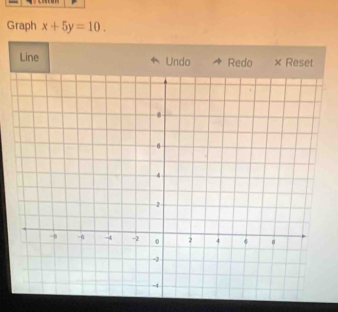 Graph x+5y=10. 
Line Undo Redo × Reset