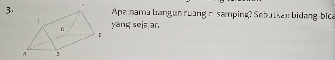 Apa nama bangun ruang di samping? Sebutkan bidang-bida 
yang sejajar.