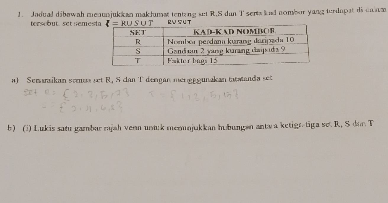 Jadual dibawah menunjukkan makłumat tentang set R,S dan T serta kad nombor yang terdapat di dalam
tersebut set semestRUsUT
a) Senaraikan semua set R, S dan T dengan mengggunakan tatatanda set
b) (i) Lukis satu gambar rajah venn untuk menunjukkan hubungan antara ketiga-tiga set R, S dan T