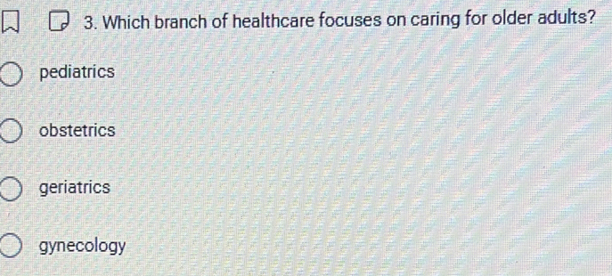 Which branch of healthcare focuses on caring for older adults?
pediatrics
obstetrics
geriatrics
gynecology