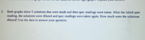 Both graphs show 5 solutions that were made and then spec readings were taken. After the initial spec 
reading, the solutions were diluted and spec readings were taken again. How much were the solutions 
diluted? Use the data to answer your question.