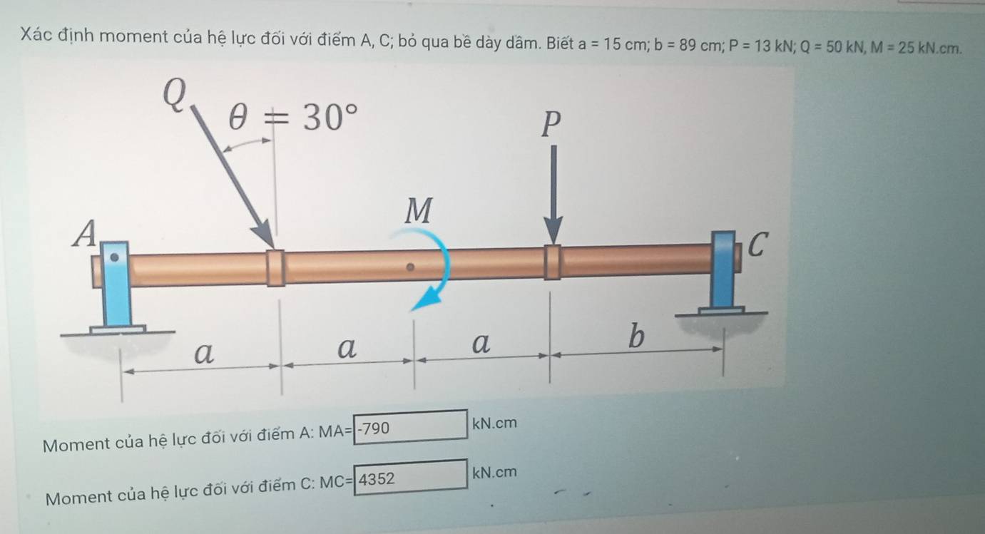 Xác định moment của hệ lực đối với điểm A, C; bỏ qua bề dày dâm. Biết a=15cm;b=89cm;P=13kN;Q=50kN,M=25kN.cm.
kN.
Moment của hệ lực đối với điểm A: MA=-790 m 1
ki
Moment của hệ lực đối với điểm C: MC=4352 surd .cm