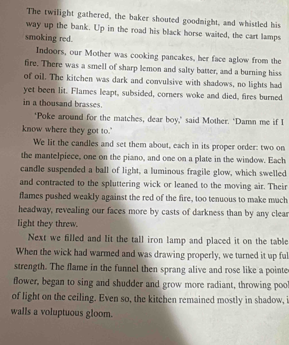 The twilight gathered, the baker shouted goodnight, and whistled his 
way up the bank. Up in the road his black horse waited, the cart lamps 
smoking red. 
Indoors, our Mother was cooking pancakes, her face aglow from the 
fire. There was a smell of sharp lemon and salty batter, and a burning hiss 
of oil. The kitchen was dark and convulsive with shadows, no lights had 
yet been lit. Flames leapt, subsided, corners woke and died, fires burned 
in a thousand brasses. 
‘Poke around for the matches, dear boy,’ said Mother. ‘Damn me if I 
know where they got to.’ 
We lit the candles and set them about, each in its proper order: two on 
the mantelpiece, one on the piano, and one on a plate in the window. Each 
candle suspended a ball of light, a luminous fragile glow, which swelled 
and contracted to the spluttering wick or leaned to the moving air. Their 
flames pushed weakly against the red of the fire, too tenuous to make much 
headway, revealing our faces more by casts of darkness than by any clear 
light they threw. 
Next we filled and lit the tall iron lamp and placed it on the table 
When the wick had warmed and was drawing properly, we turned it up ful 
strength. The flame in the funnel then sprang alive and rose like a pointe 
flower, began to sing and shudder and grow more radiant, throwing pool 
of light on the ceiling. Even so, the kitchen remained mostly in shadow, i 
walls a voluptuous gloom.