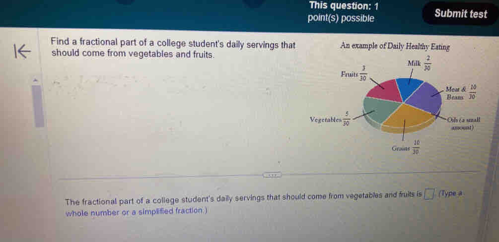 This question: 1
point(s) possible
Submit test
Find a fractional part of a college student's daily servings that An example of Daily Healthy Eating
should come from vegetables and fruits.
The fractional part of a college student's daily servings that should come from vegetables and fruits is □ . (Type a
whole number or a simplified fraction )