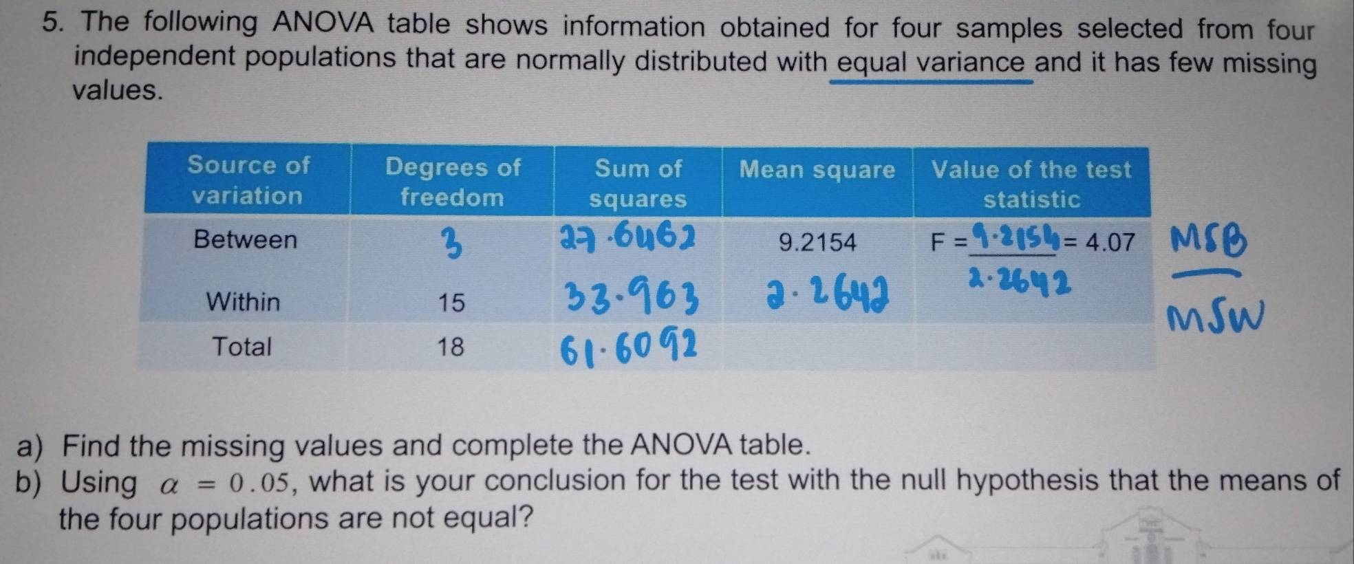 The following ANOVA table shows information obtained for four samples selected from four 
independent populations that are normally distributed with equal variance and it has few missing 
values. 
a) Find the missing values and complete the ANOVA table. 
b) Using alpha =0.05 , what is your conclusion for the test with the null hypothesis that the means of 
the four populations are not equal?