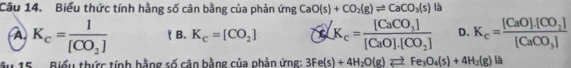 Biểu thức tính hằng số cân bằng của phản ứng CaO(s)+CO_2(g)leftharpoons CaCO_3(s) là
A K_c=frac 1[CO_2] ( B. K_c=[CO_2] K_c=frac [CaCO_3][CaO].[CO_2] D. K_c=frac [CaO].[CO_2][CaCO_3]
ầu 15 . Biểu thức tính bằng số cận bằng của phản ứng: 3Fe(s)+4H_2O(g)leftharpoons Fe_3O_4(s)+4H_2(g) là