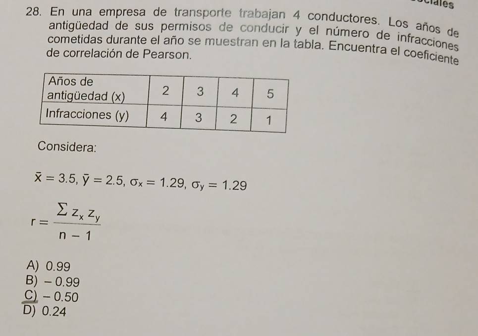 En una empresa de transporte trabajan 4 conductores. Los años de
antigüedad de sus permisos de conducir y el número de infracciones
cometidas durante el año se muestran en la tabla. Encuentra el coeficiente
de correlación de Pearson.
Considera:
overline x=3.5, overline y=2.5, sigma _x=1.29, sigma _y=1.29
r=frac sumlimits z_xz_yn-1
A) 0.99
B) - 0.99
C) - 0.50
D) 0.24