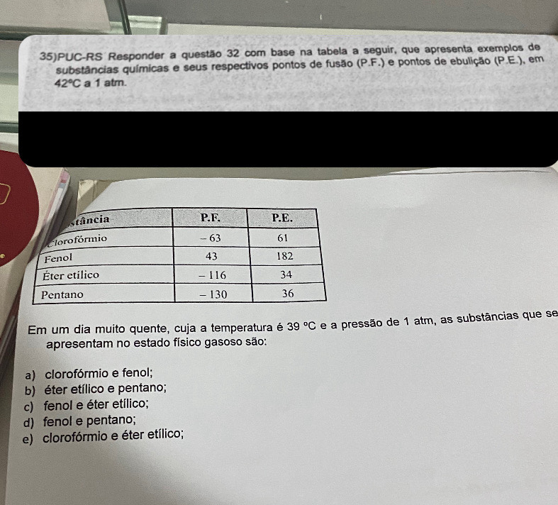 35)PUC-RS Responder a questão 32 com base na tabela a seguir, que apresenta exemplos de
substâncias químicas e seus respectivos pontos de fusão (P.F.) e pontos de ebulição (P.E.), em
42°C a 1 atm.
Em um dia muito quente, cuja a temperatura é 39°C e a pressão de 1 atm, as substâncias que se
apresentam no estado físico gasoso são:
a) clorofórmio e fenol;
b) éter etílico e pentano;
c) fenol e éter etílico;
d) fenol e pentano;
e) clorofórmio e éter etílico;