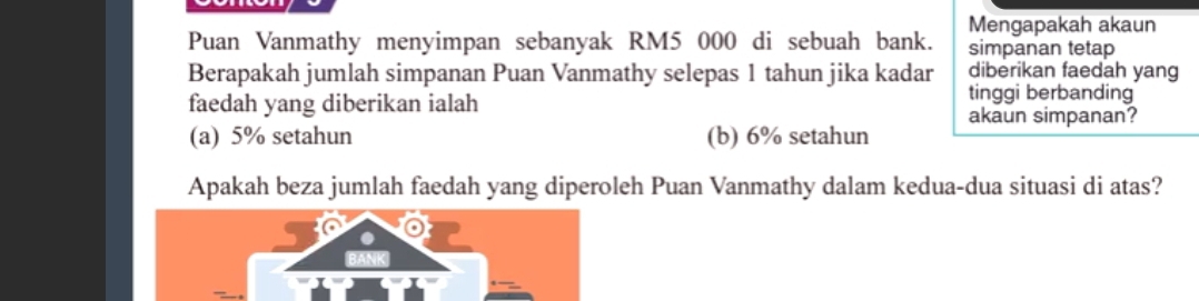 Mengapakah akaun
Puan Vanmathy menyimpan sebanyak RM5 000 di sebuah bank. simpanan tetap
Berapakah jumlah simpanan Puan Vanmathy selepas 1 tahun jika kadar diberikan faedah yang
faedah yang diberikan ialah
tinggi berbanding
akaun simpanan?
(a) 5% setahun (b) 6% setahun
Apakah beza jumlah faedah yang diperoleh Puan Vanmathy dalam kedua-dua situasi di atas?