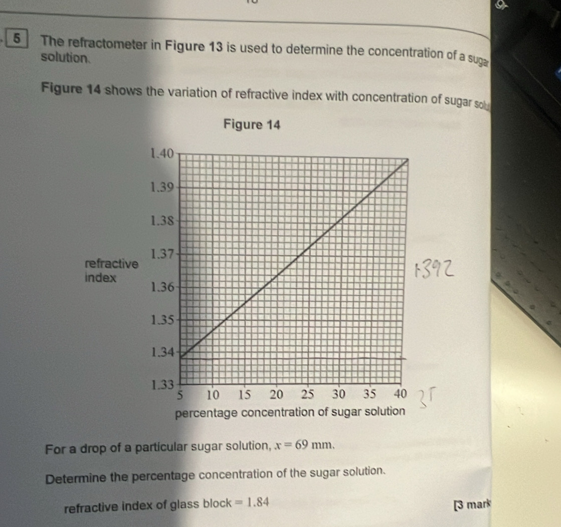 The refractometer in Figure 13 is used to determine the concentration of a suga 
solution. 
Figure 14 shows the variation of refractive index with concentration of sugar sou 
Figure 14 
refractiv 
index 
For a drop of a particular sugar solution, x=69mm. 
Determine the percentage concentration of the sugar solution. 
refractive index of glass block =1.84
[3 mark