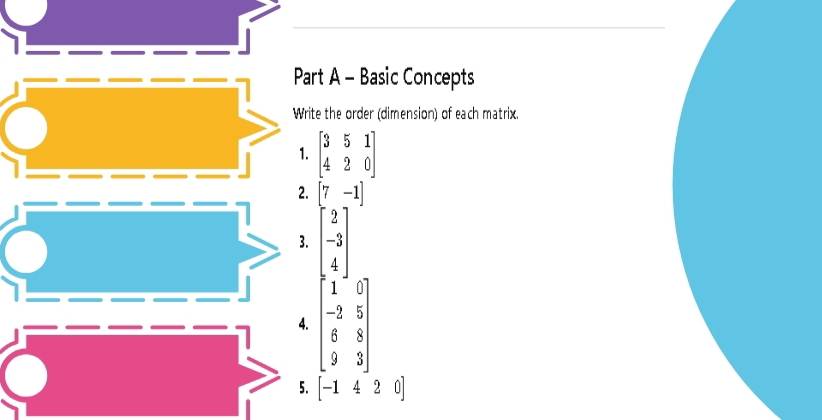 Solved: Basic Concepts Write the order (dimension) of each matrix. 1 ...