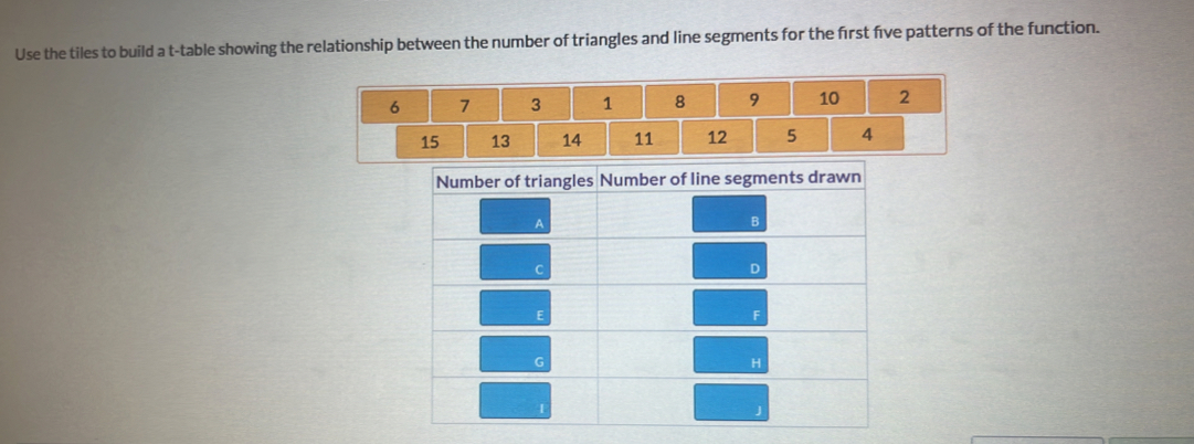 Use the tiles to build a t -table showing the relationship between the number of triangles and line segments for the first five patterns of the function.