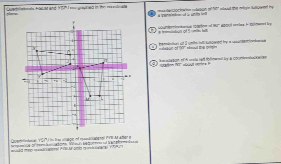 Quadrilaterals FGLM and YSPJ are graphed in the coordinate
plane. counterclockwise roletion of 90° about the origin followed by
a translation of 5 unilts left
counterclockwise rotation of 90° about vertex F followed by
6 a translation of 5 units left
translation of 5 units left followed by a counterclockwise
C
rolation of 90° about the origin
translation of 5 units left followed by a counterclockwise
d
rotation 90° about vertex F
Quadrilateral YSPJ is the image of quadrilateral FGLM after a
sequence of transformations. Which sequence of transformations
would map quadrilateral FGLM onto quadrilateral YSPJ?