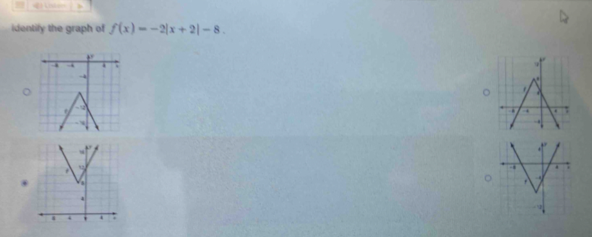 Lnten 
identify the graph of f(x)=-2|x+2|-8. 

.