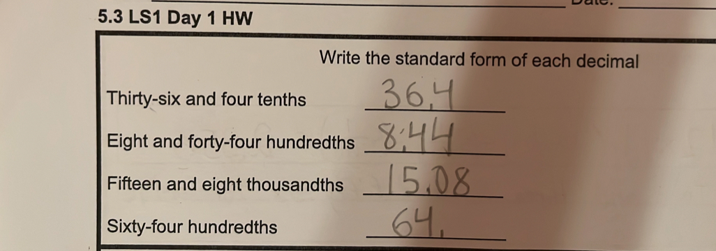 5.3 LS1 Day 1 HW __ Write the standard form of each decimal _ Thirty ...