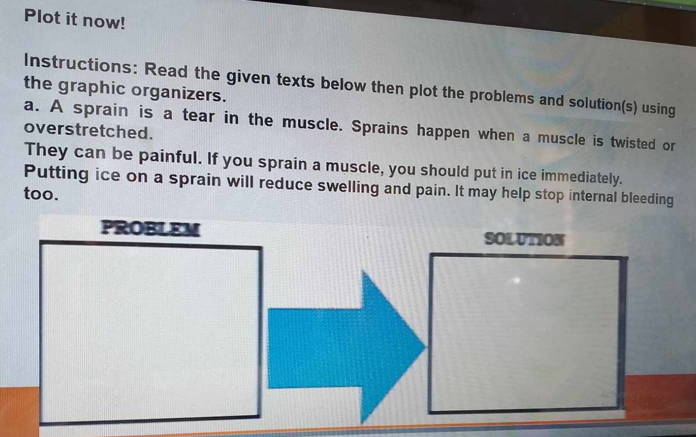 Plot it now! 
Instructions: Read the given texts below then plot the problems and solution(s) using 
the graphic organizers. 
a. A sprain is a tear in the muscle. Sprains happen when a muscle is twisted or 
overstretched. 
They can be painful. If you sprain a muscle, you should put in ice immediately. 
Putting ice on a sprain will reduce swelling and pain. It may help stop internal bleeding 
too.