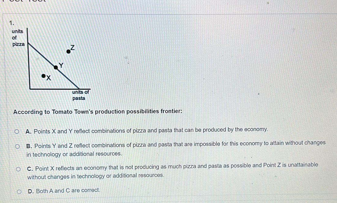 pasta
According to Tomato Town's production possibilities frontier:
A. Points X and Y reflect combinations of pizza and pasta that can be produced by the economy.
B. Points Y and Z reflect combinations of pizza and pasta that are impossible for this economy to attain without changes
in technology or additional resources.
C. Point X reflects an economy that is not producing as much pizza and pasta as possible and Point Z is unattainable
without changes in technology or additional resources.
D. Both A and C are correct.