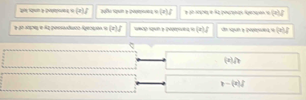 f(x)-4
()^.
2f(5)
^ 
^□  □
f(x) is transtated 4 units up. f(x) is translated 4 units down. f(x) is vertically compressed by a factor of 4.
f(x) is vertically stretched by a factor of 4. f(x) is translated 4 units right. f(x)is translated 4 units left;