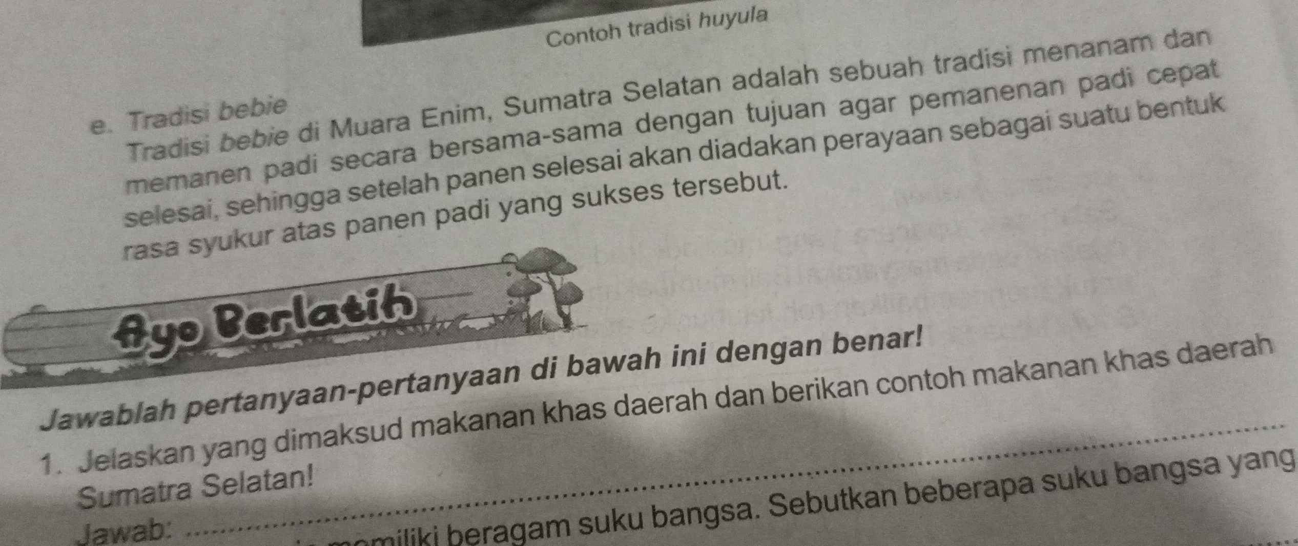 Contoh tradisi huyula 
Tradisi bebie di Muara Enim, Sumatra Selatan adalah sebuah tradisi menanam dan 
e. Tradisi bebie 
memanen padi secara bersama-sama dengan tujuan agar pemanenan padi cepat 
selesai, sehingga setelah panen selesai akan diadakan perayaan sebagai suatu bentuk 
rasa syukur atas panen padi yang sukses tersebut. 
Ayoberlatih 
_ 
Jawablah pertanyaan-pertanyaan di bawah ini dengan benar! 
1. Jelaskan yang dimaksud makanan khas daerah dan berikan contoh makanan khas daerah 
Sumatra Selatan! 
Jawab: 
miliki beragam suku bangsa. Sebutkan beberapa suku bangsa yang