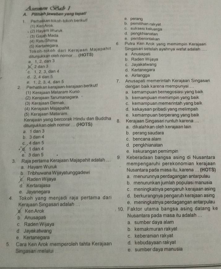 Asesnon SBab 1
A. Pilihish jawaban yang topat!
a. perang
1. Perhaškan tokoh-tokoh benkut! b. pemilihan rakyat
(1) KenArok
c. suksesi keluarga
(2) Hayam Wuruk d. pengkhianatan
(3) Gajah Mada e. pemberontakan
(4) Ratu Shima 6. Putra Ken Arok yang memimpin Kerajaan
(5) Kertanegara
Tokoh-tokoh dari Kerajaan Majapahit Singasari setelah ayahnya wafat adalah ....
ditunjukkan oleh nomor ... (HOTS) a. Anusapati
a 1, 2, dan 3 b. Raden Wijaya
2 dan 3 c. Jayakatwang
c 1, 2. 3, dan 4 d. Kertanegara
d. 2, 4 dan 5 e. Airlangga
e. 1, 2, 3, 4, dan 5 7. Anusapati memerintah Kerajaan Singasari
2. Perhatikan kerajaan-kerajaan berikut! dengan baik karena mempunyai ...
(1) Kerajaan Mataram Kuno a. kemampuan bernegosiasi yang baik
(2) Kerajaan Tarumanagara. b. kemampuan memimpin yang baik
(3) Kerajaan Demak. c. kemampuan memerintah yang baik
(4) Kerajaan Majapahit. d. kekayaan pribadi yang melimpah
(5) Kerajaan Mataram e. kemampuan berperang yang baik
Kerajaan yang bercorak Hindu dan Buddha 8. Kerajaan Singasari runtuh karena ...
ditunjukkan oieh nomor ... (HOTS) a. dikalahkan oleh kerajaan lain
a. 1 dan 3 b. perang saudara
b 3 dan 4 c. bencana alam
c. , 4 dan 5 d. pengkhianatan
d 1 dan 4 e. kekurangan pemimpin
e 3 dan 5
3. Raja pertama Kerajaan Majapahit adalah . 9. Keberadaan bangsa asing di Nusantara
a. Hayam Wuruk mempengaruhi perekonomian kerajaan
b. Tribhuwana Wijayatunggadewi Nusantara pada masa itu, karena ... (HOTS)
e Raden Wijaya a. menurunnya perdagangan antarpulau
d Kertarajasa b. menurunkan jumlah populasi manusia
e. Jayanegara c. meningkatnya pengaruh kerajaan asing
4. Tokoh yang menjadi raja pertama dari d. berkurangnya pengaruh kerajaan asing
Kerajaan Singasari adalah ... e. meningkatnya perdagangan antarpulau
Ken Arok 10. Faktor utama bangsa asing datang ke
b Anusapati Nusantara pada masa itu adalah ...
c Raden Wijaya a. sumber daya alam
d. Jayakatwang b. kemakmuran rakyat
e Kertanegara c. keberanian rakyat
5. Cara Ken Arok memperoleh tahta Kerajaan d. kebudayaan rakyat
Singasari melalui . . . e. sumber daya manusia