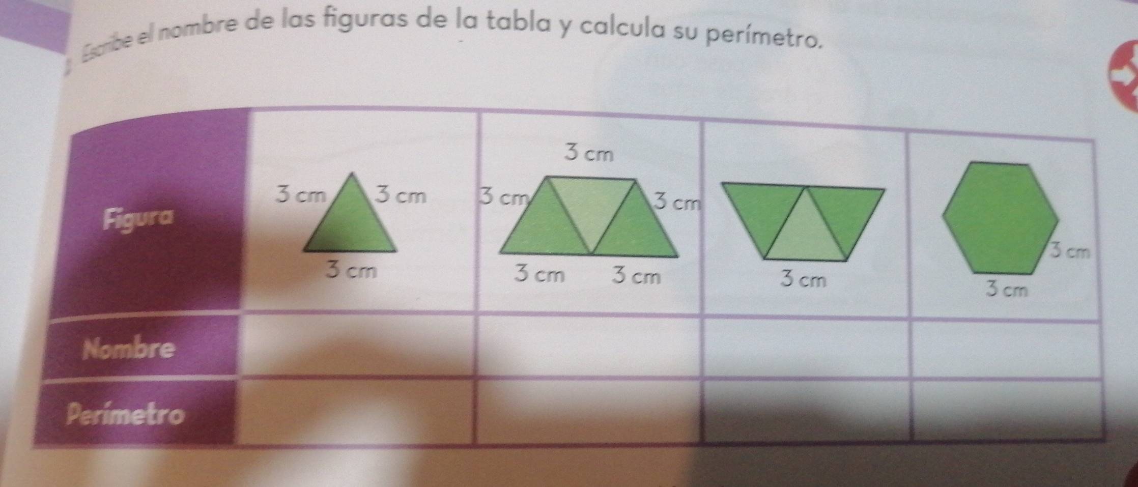 Escribe el nombre de las figuras de la tabla y calcula su perímetro.