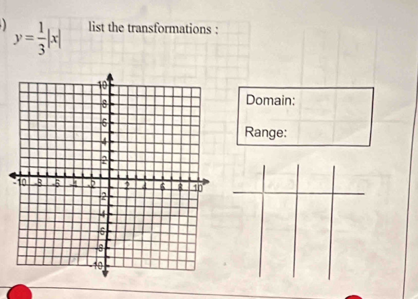 y= 1/3 |x| list the transformations : 
Domain: 
Range: