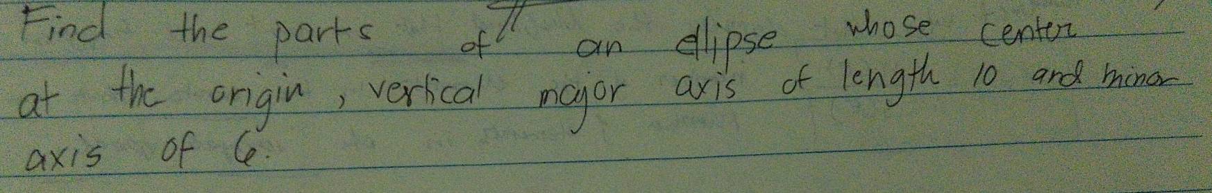 Find the parts of an dlipse whose centen 
at the origin, verical major aris of length 10 and mone 
axis of le