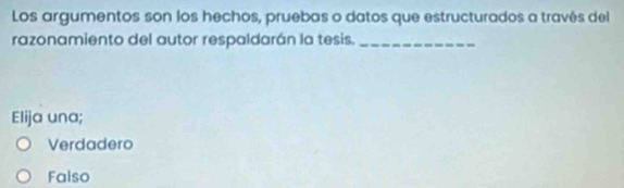 Los argumentos son los hechos, pruebas o datos que estructurados a través del
razonamiento del autor respaldarán la tesis._
Elija una;
Verdadero
Falso