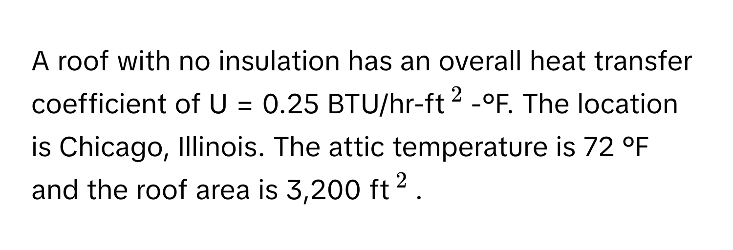 A roof with no insulation has an overall heat transfer coefficient of U = 0.25 BTU/hr-ft$^2$-°F. The location is Chicago, Illinois. The attic temperature is 72 °F and the roof area is 3,200 ft$^2$.