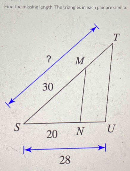 Find the missing length. The triangles in each pair are similar. 
28