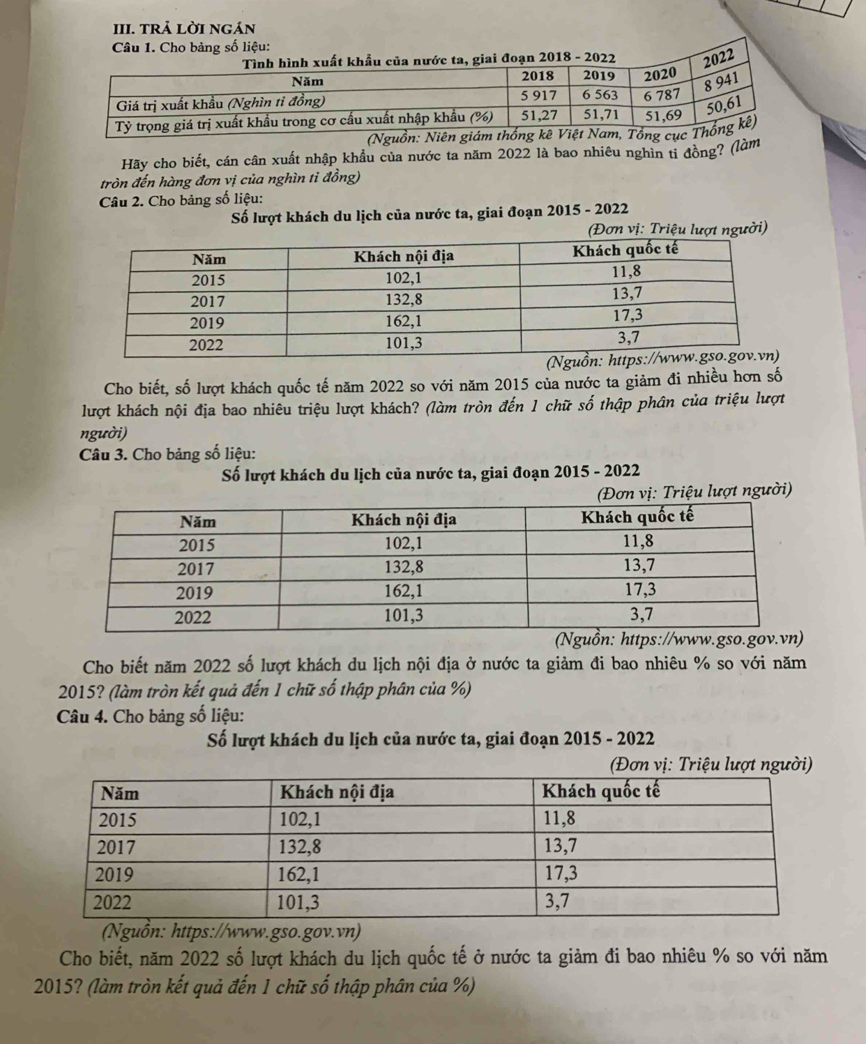 TRả LờI nGán 
Câu 1. Cho bảng số liệu: 
22 
Hãy cho biết, cán cân xuất nhập khẩu của nước ta năm 2022 là bao nhiêu nghìn tỉ đồng? (làm 
tròn đến hàng đơn vị của nghìn ti đồng) 
Câu 2. Cho bảng số liệu: 
Số lượt khách du lịch của nước ta, giai đoạn 2015 - 2022 
) 
Cho biết, số lượt khách quốc tế năm 2022 so với năm 2015 của nước ta giảm đi nhiều hơn số 
lượt khách nội địa bao nhiêu triệu lượt khách? (làm tròn đến 1 chữ số thập phân của triệu lượt 
người) 
Câu 3. Cho bảng số liệu: 
Số lượt khách du lịch của nước ta, giai đoạn 2015 - 2022 
: Triệu lượt người) 
Cho biết năm 2022 số lượt khách du lịch nội địa ở nước ta giảm đi bao nhiêu % so với năm
2015? (làm tròn kết quả đến 1 chữ số thập phân của %) 
Câu 4. Cho bảng số liệu: 
Số lượt khách du lịch của nước ta, giai đoạn 2015 - 2022 
(Nguồn: https://www.gso.gov.vn) 
Cho biết, năm 2022 số lượt khách du lịch quốc tế ở nước ta giảm đi bao nhiêu % so với năm
2015? (làm tròn kết quả đến 1 chữ số thập phân của %)