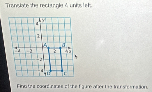 Translate the rectangle 4 units left. 
Find the coordinates of the figure after the transformation.