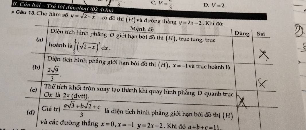 frac 3· C. V= 4/3 . D. V=2.
B. Câu hỏi - Trá lời đúng/sai (02 điểm)
D Câu 13. Cho hàm số y=sqrt(2-x)
x=0,x=-1y=2x-2. Khi đó a+b+c=11.