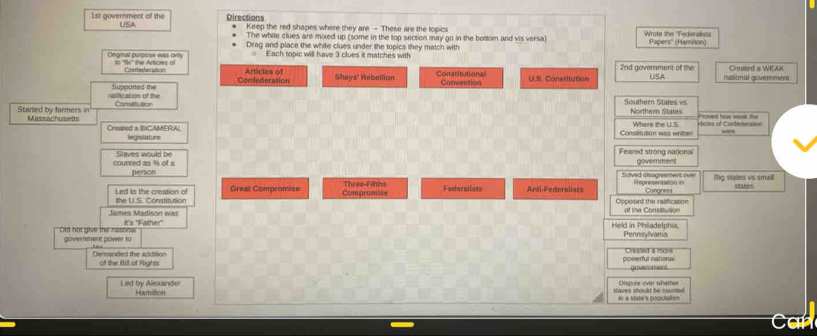 1st government of the USA Directions Keep the red shapes where they are - These are the topics Wrote the "Federaists
The white clues are mixed up (some in the top section may go in the botom and vis versa)
Drag and place the white clues under the topics they match with Papers'' (Hamiton)
Orgital putpose was onilty to "fo" the Anticles of Each topic will have 3 clues it matches with 2nd government of te Crtated a WEAK
Confederasion Articles of Shays' Rebellion Constitutions Convention U.S. Constitution USA national government
ratification of the Supported the
Started by farmers in Massachusetts Consitution
Southern States vs Northern States t how wek t 
Where the U.S
Created a BICAMERAL legistature Consitution was writter rtictes of Contereration
“”
Feared strong national
counced as % of a Slaves would be government
person Solved disagreement over Representation in stanes
Led to the creation of the U.S. Constitution Great Compromise Three-Fifths Big Mates vs small
Compromise Focioralists Anti-Federalists Congress
Opposed the ralification of the Consatution
James Madison was It's ''Father'' Held in Philadelphia.
Did not give the nssona government power to Pennsylvania
Demanded the addition of the BiE of Rights
powerfut national Crealed a mons
gaverment
Led by Alexander Hournittion slaves should be courned. Dispute over whether
in a state's poputation
Can