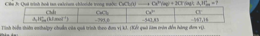 Quá trình hoà tan calcium chloride trong nước: CaCl_2(x)to Ca^(2+)(aq)+2Cl^-(aq);△ ,H_(308)°=
Tính biến thiên enthalpy chuẩn của quá trình theo đơn vị kJ. (Kết quả làm tròn đến hàng đơn vị).